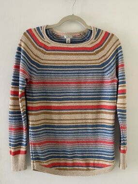 L.L. Bean Striped Summer Sweater in Beige, Blue & Red Coastal Beach Stripes Cozy